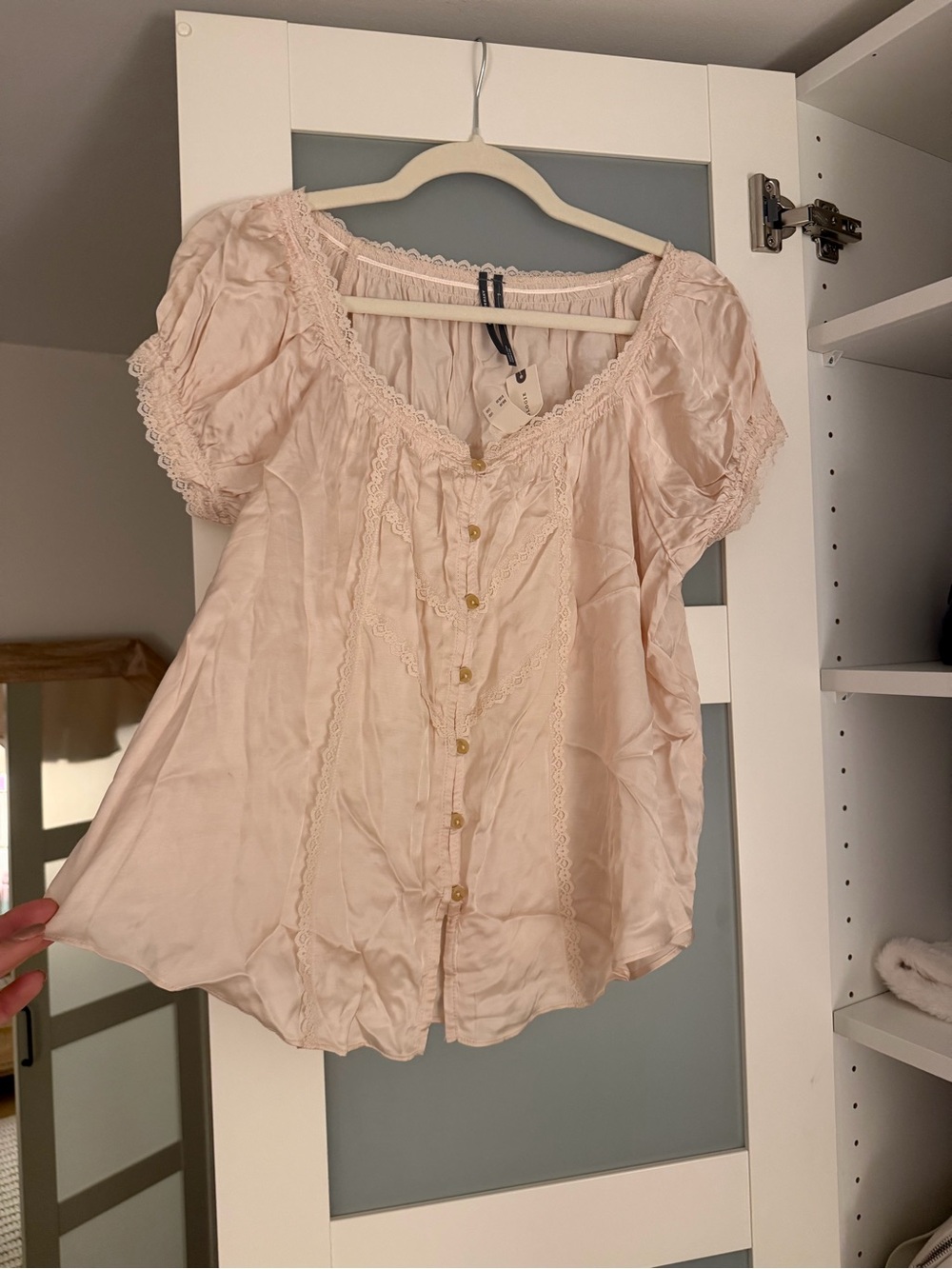 Anthropologie Pale Blush Lace-Trim Button Front Top